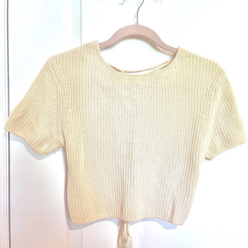 NWOT Zara Cream Knit Shortsleeve Top with Back Straps - Picture 3 of 5